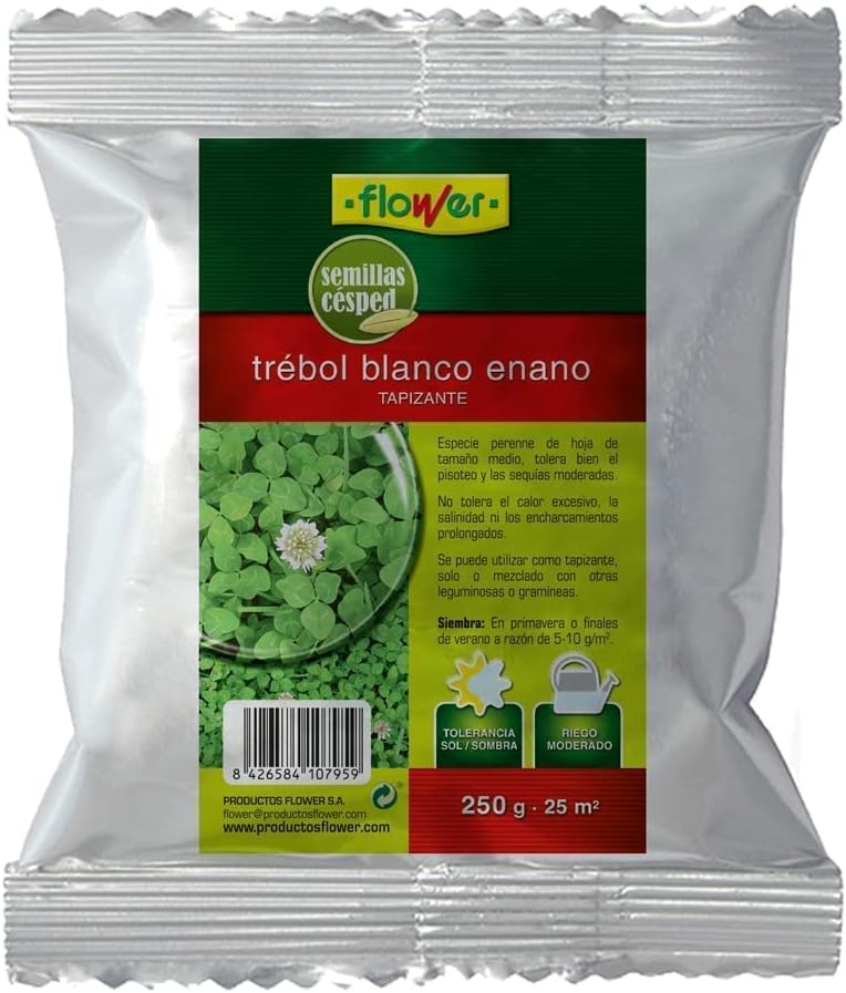 Flower - Semillas Trébol Blanco Enano 250gr | Tapizante Robusto | Tolerancia Sol/Sombra | Riego Moderado | Para 25m2 | Exposición Solar Parcial, 10.3x3.7x14.5 cm, Material Semilla