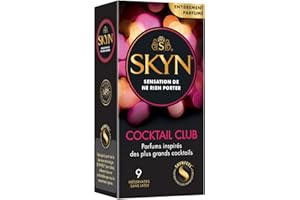 Skyn Cocktail Club:Lot de 9 Préservatifs Aromatisés Skynfeel/3 Saveurs:Pina Colada,Cherry Sunrise,Passion Daiquiri/sans latex,pour Homme,de Taille Régulière,Solides,Lisses et Fins,Forme Droite