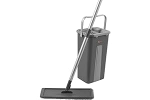 Kleeneze KL028145EU7 Flat-Head Mop and Bucket Set, 2 in 1, with Swivel Head and Dual-Action Compartments, Dirt-Removing Scraper, Includes Soak and Wring Functions, Ideal for Most Hard Floors, Grey