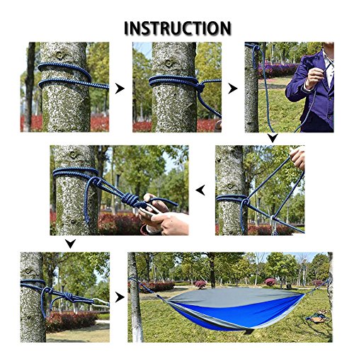 Camping Hängematte, FILWO Tragbare Hängematte für Outdoor Indoor Reise Garten Strand, Große Hängematte 270 x 140CM Tragfähigkeit bis zu 300KG 660LB für 1 oder 2 Erwachsene Doppel Hängematte (Royalblau + Grau) - 8