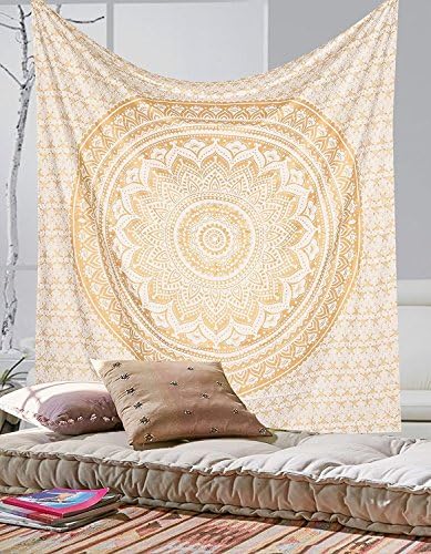 Craftozone Magical Tapestry Gold Ombre Bohemian Mandala tapestryHome Decor, Hippie wall hanging Bedspread (Double 240x220 cms)