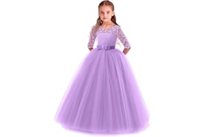 MYRISAM Filles Robe de Cérémonie 3/4 Manches Longues Tulle Dentelle avec Bowknot Demoiselle d'honneur Robe d’Mariage Soirée Communion Anniversaire Baptême Carnaval Fête Bal 3-14 Ans