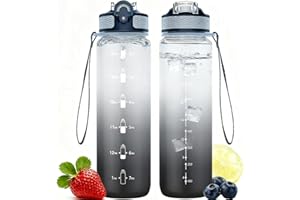 NAVTUE Water Bottle, 1L Sports Water Bottle with Straw, Time Markings, Tritan BPA free, Leakproof Drinks Bottle for School, Cycling, Running (1 Bottle)