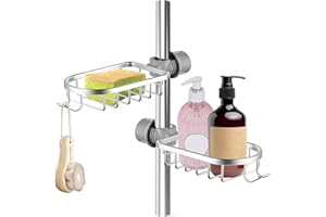 Idota 2 sztuki koszyków prysznicowych, bez wiercenia, aluminiowy regał łazienkowy, srebrny, regulowana wysokość, półka prysznicowa na drążek prysznicowy (okrągły otwór: Ø 16-27 mm), uchwyt na gąbkę,