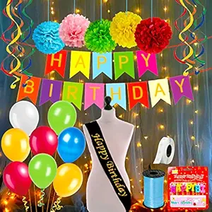 Party Propz Multicolour Birthday Decoration kit Combo Items - 48 Pcs Set With Happy Bday Sash, Pom pom, Metallic Balloons, Birthday Banner Ribbon with Fairy Light For Kids, Husband, Boys, Girls
