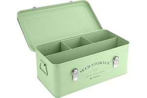 STOWBERRY Seed Storage Box Organiser – Green Garden Seeds Tin with Lid, Side Handles, 4 Compartments & Safety Lock – Seed Storage Box for Gardeners – Perfect Gardening Gifts for Men and Women