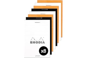 RHODIA 11600AMZC - Un lot de 8 Bloc-Notes Agrafé N°11 - A7 - Ligné - 80 Feuilles Détachables -80 g/m² - 3 couleurs assorties (Orange, noir et blanc)