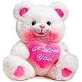 BEJOY Teddy Bear with Pink Heart Plush Bear That Says I Love You and Blushes LED Stuffed Toys for Girlfriend and Kids Valentine's Day 13 inch White