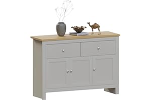 Marchio Amazon - Vida Designs Credenza Arlington con 2 Cassetti e 3 Ante, in Derivati del Legno, Grigio e Quercia, Piano in truciolare, MDF e melammina, 35 cm D x 117 cm W x 82 cm H