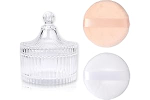 SUMTree Glass Body Powder Puffs and Container, Dusting Powder Container with 2 Puffs Washable and Reusable for Women, Empty Talcum Box Container for Baby, 1 Pink&1 White Puffs, Small, Clear