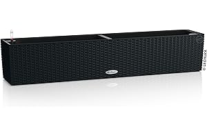 Lechuza - Balconera Cottage 100 Planter, Graphite Black, Balcony Box with Watering System, Water Level Indicator and Plant Insert, Wicker Look, 99 x 19 x 19 cm, 15915