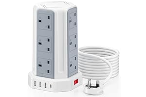 AODENG Tower Extension Lead 5M, [13A 3250W] 12 Way Extension Tower Multi Plug Extension Sockets with 4 USB Slots, Surge Protector Extension Cable 5M for Home, Office, Kitchen