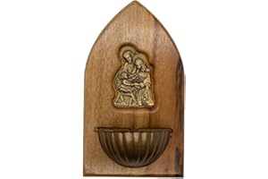 VILLAGE GIFT IMPORTERS Holy Water Font | Saint Benedict | Our Lady of Grace | Holy Family | Beautiful Wood Base with Bronze-Tone Religious Figures and Holy Water Font | Catholic Home Decor (Holy Family)