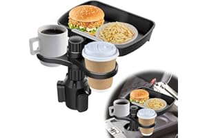 Kayuneed Soporte para bebidas para coche, bandeja de mesa, soporte 3 en 1, adaptador para coche, con soporte para teléfono móvil y bandeja de comida extraíble, mesa ajustable en 360° para botellas de