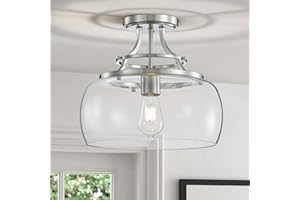 WUZUPS Chandelier Rustic Farmhouse Industrial Round Semi-flushmount Ceiling LED Light Fixture with Clear Glass Shades for Bathroom Kitchen Foyer Entryway, H 30 x W 34, E27 Base, Brushed Nickel