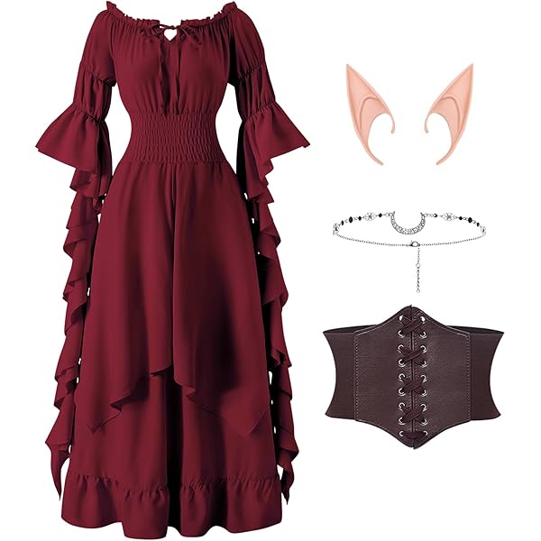 Robe Médiévale Femme Costume Médiéval Femme BARVERE - Robe Renaissance Avec Oreilles Elfe Et Accessoires Costume Halloween Medieval