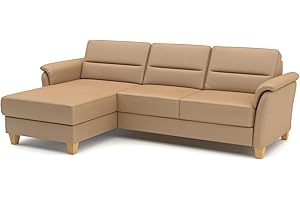 ‎CAVADORE CAVADORE Leder-Eckcouch Palera mit Longchair / Landhaus-Sofa mit Federkern, Bettfunktion + Bettkasten / 244 x 89 x 163 / Leder Beige