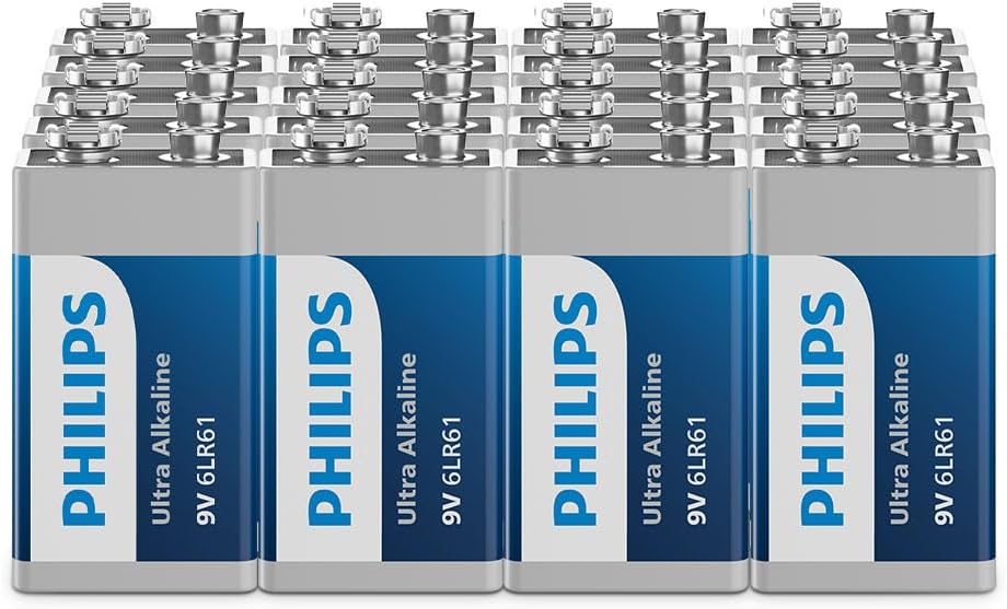 Philips Ultra 9V Alkaline Batteries, 6LR61 - Essential for Smoke Detectors and Radios, Pack of 20