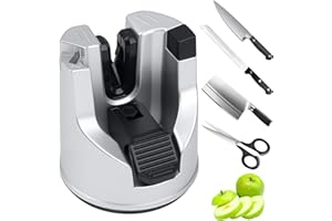 NIRJIK Affilatore Manuale per Coltelli Argentato – Regolazione Automatica Dell'angolo, Base a Ventosa, Multifunzione per Coltelli Retti E Seghettati, Coltelli Da Cucina E Forbici, Base a Ventosa