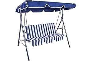 Tianbi Columpio de jardín, hamaca de patio al aire libre con cubierta solar, marco de hierro de 3 plazas, columpio de metal para jardín al aire libre (azul)