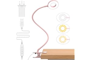 iZELL LED Desk Lamp【3 Color Modes & 10 Brightness】 Eye Caring Clip on Clamp Light with 70cm Flexible Gooseneck, Book Ring Light with Plug for Home Office, Kids, Reading, Clip on Table, Headboard-Pink