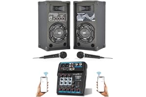 SHARD-LAB IMPIANTO AUDIO COMPLETO KARAOKE bluetooth DOMESTICO 200W: CASSE AMPLIFICATE + MIXER + 2 MICROFONI E CAVI