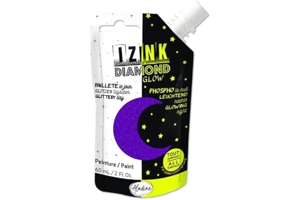 Aladine - Izink Diamond Glow - Peinture Pailletée le Jour, Phosphorescente la Nuit - Ultra Couvrante, Tout Support - DIY et Loisirs Créatifs - Gourde Souple 60 ml - Violet 82096