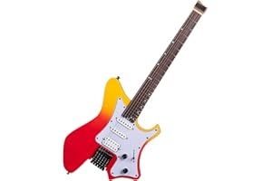 EART Guitarra eléctrica sin cabeza GW2P-SE, cuerpo de caoba tostado, cuello de arce canadiense, trastes jumbo, ráfaga roja