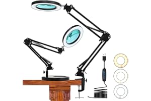 HJZ LED Lupenleuchte, Arbeitsplatzlampe, 8 Dioptrien Lupe mit Licht - mit Klemme & Ständer, Schwenkarm, Dimmbar, 3 Farbmodi, Lupe zum Lesen, Basteln - 8-fache Vergrößerung (Schwarz)