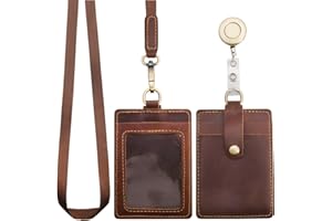 Wonderpool Porte-badge d'identification en cuir avec cordon de cou amovible et bobine de badge rétractable pour bureau école hôpital exposition(Café)