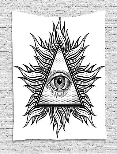 jjonepin Eye Tapestry, Triangle Shape with Wavy Figures and All Seeing Eye Tattoo Style Spiritual Masonic, Wall Hanging for Bedroom Living Room Dorm, 60 W X 80 L Inches, Black and White