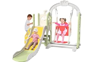 BHFFTHK Scivolo per bambini 6 in 1 con altalena, scivolo con altalena regolabile in altezza, cestino da basket, scala, telescopio, area giochi interna ed esterna, carico max. 35 kg, verde (6 in 1 verde)