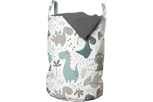 ABAKUHAUS Infantil Bolsa de lavandería, Sonriendo dinosaurios bebé, Cesta con asas Cierre de cordón para las lavanderías, 33 x 33 x 49 cm, Blanco Seafoam Dimgray