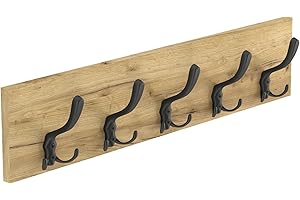 HWS FURNITURE Coat Racks, Coat Hooks Wall - 65 cm - with Solid 5 Hooks Wall Hangers, Coat Hooks, Wall Coat Rack for Hallway, Dressing Room, Bedroom and Bathroom (Oak/Black)