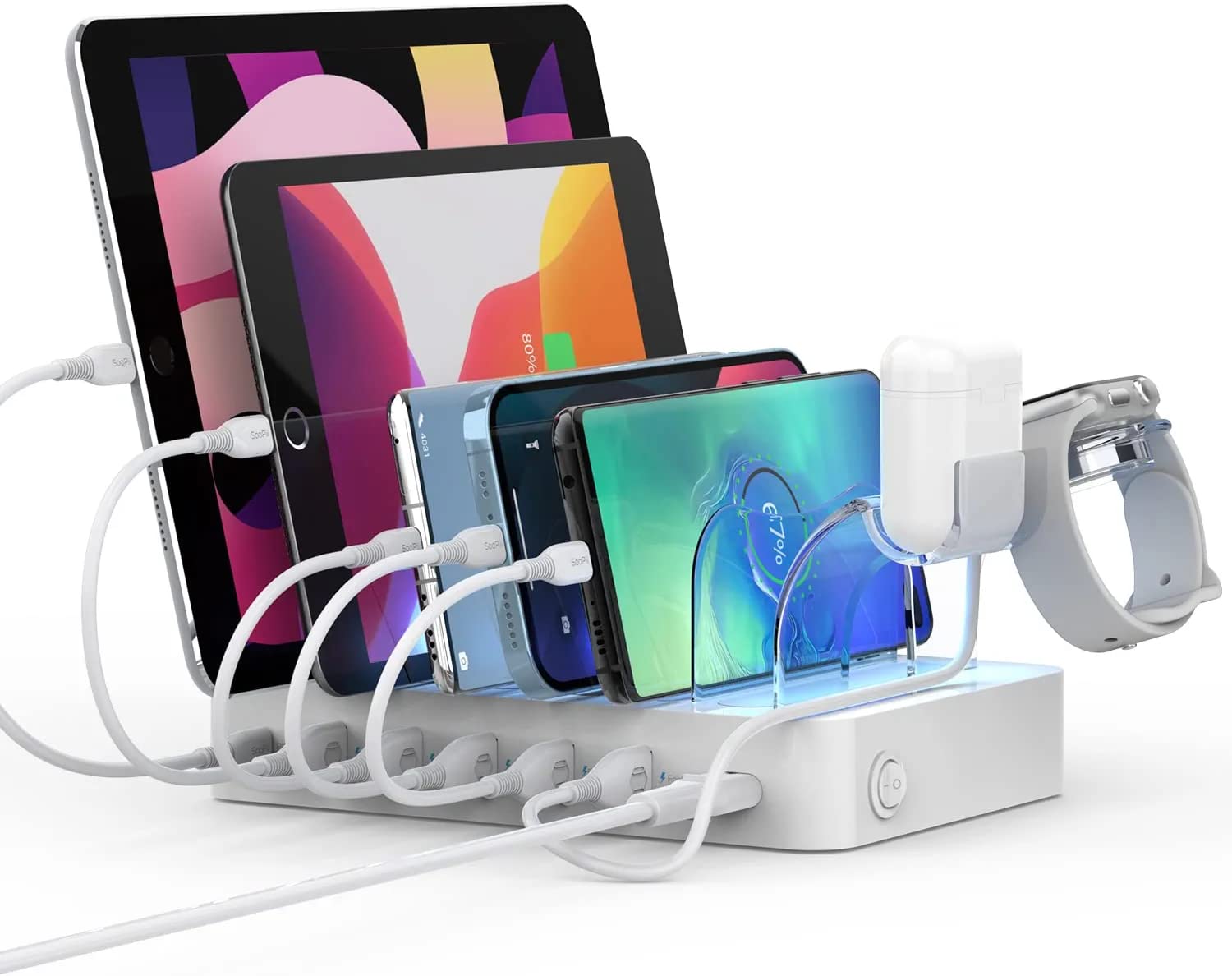 SooPii 60W 6-Port Charging Station for Multiple Devices, PD 20W USB C Fast Charging for lPhone 14/13/12,6 Short Cables Included, 2 in 1 Holder,for Phones,Tablets and Others, White