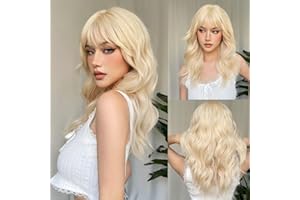 LYPPUL Lange Lockige Blonde Perücken mit Bangs, Lockige Gewellte Platin Perücken, Lockige Gewellte Platin Perücken für Frauen Cosplay Perrucke für Kostümparty Karneval