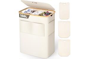 OUSFOT Cesto per la Biancheria 158L con 3 Scomparti per Vestiti Sporchi con Coperchio e Manico in bambù Sacco di Stoffa Pieghevole con Caricamento Frontale Cesto per la Biancheria Beige