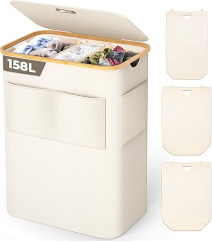 Cesto Per Biancheria 140L Con Coperchio - 3 Sacchetti Rimovibili, Tessuto Oxford, Pieghevole, Nero - Foto 6