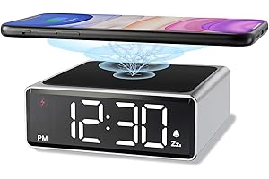 RigWig Stylish Metal Alarm Clock with Qi Wireless Charging - Clear Digital LED Display with 4 Brightness 12/24H Snooze for Bedroom Bedside Office, Compatible with iPhone, Samsung, Android (Silver)
