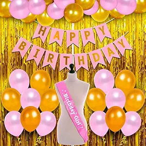 Party Propz Pink Happy Birthday Decoration Kit for Girls 44pcs Combo Set Paper Bunting Golden Foil Curtain Balloon Sash Girls Birthday Decoration Items / Kids Birthday Decoration Items