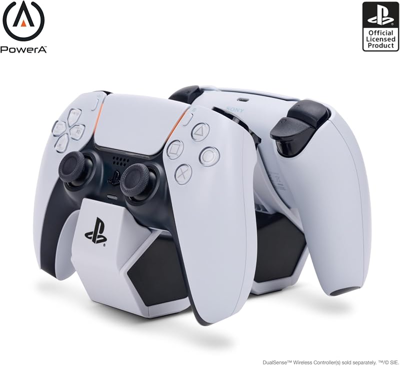 PowerA Cargador Rápido Dual para 2 x Mandos Inalámbricos DualSense, Estación Doble de Carga para Mandos de Sony PlayStation 5 (Gris/Negro)