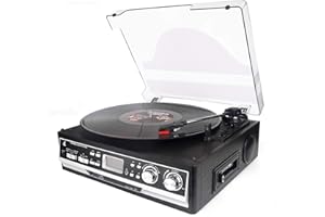 Platine Vinyle DL, Cassette 4 en 1 dl avec télécommande, Bluetooth, Radio FM, Lecteur de Cassette, USB, SD et encodage, Platine Vinyle 3 Vitesses Record Player 33/45/78 Tourne-Disque Noir