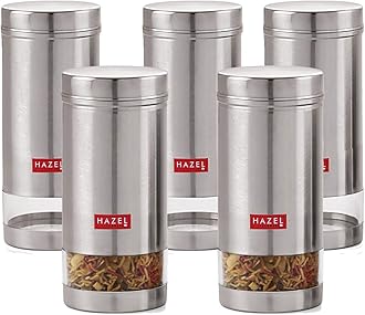HAZEL Stainless Steel Transparent See Through Container, Silver, Set of 5, 1 Ltr