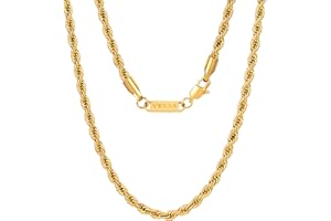 VEXXS Rope Chain, 18K Real Gold Plated Rope Necklace Mens Gold Chain, Durable No Color Fading 3mm 4mm 5mm Miami Cuban Link Chain Men’s Necklace 46-66cm