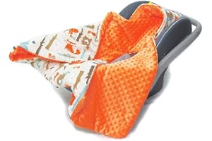 MILLALU Hooded CAR SEAT PADDED BABY BLANKET Reversible Cotton/Minky * COVER * COSYTOES * PUSHCHAIR BLANKET (Forest Animals with Orange Minky)