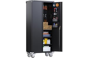 SUPEER Armario de Metal con Tablero y Ruedas con Cerradura, 4 estantes Ajustables en Altura, Chapa de Acero con Recubrimiento en Polvo, Armario de Acero con Cerradura para Herramientas, Garaje