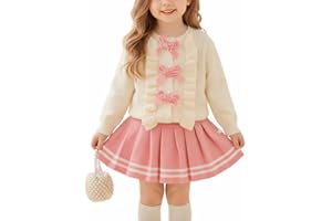 JiAmy Zestawy odzieży dla dziewczynek z długim rękawem, kwiat, kokardka, kardigan, płaszcz, sweter, sukienka, 2 sztuki, odzież na jesień i zimę, modny zestaw dla dziewczynek w wieku 1-6 lat