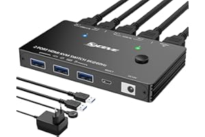 ESKEVE Commutateur KVM USB3.0 HDMI 2 ports 4K@120Hz, KVM Switch 2 PC 1 moniteur 8K@60Hz, pour 2 PC pour partager 1 moniteur et 3 appareils USB3.0. Avec alimentation + télécommande filaire et 2 câbles USB3.0