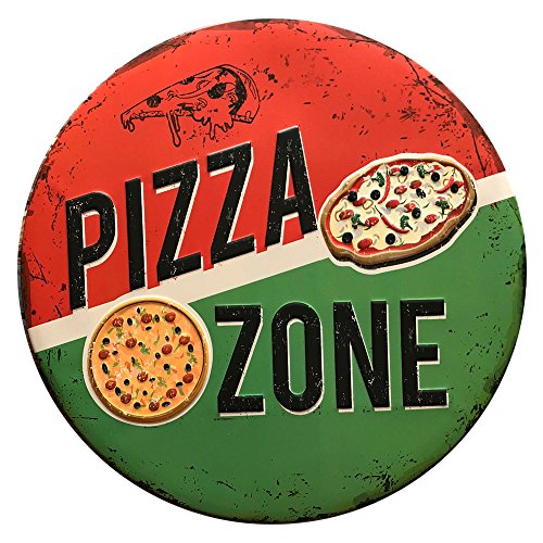 Ipekoo, targa in metallo da muro con scritta in inglese "Pizza Zone", placca in metallo da parete con supporto posteriore in stile vintage anticato, perfetta in casa o al bar