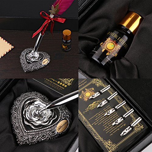 Pen Kit Gänsekiel Dip Pen Kit handgeschnitzt Feder Dip Pen Kit mit eleganten Carving Stift Ständer/Tinte Flasche/5 x Feder (schwarz/rot/grün) – rot - 2